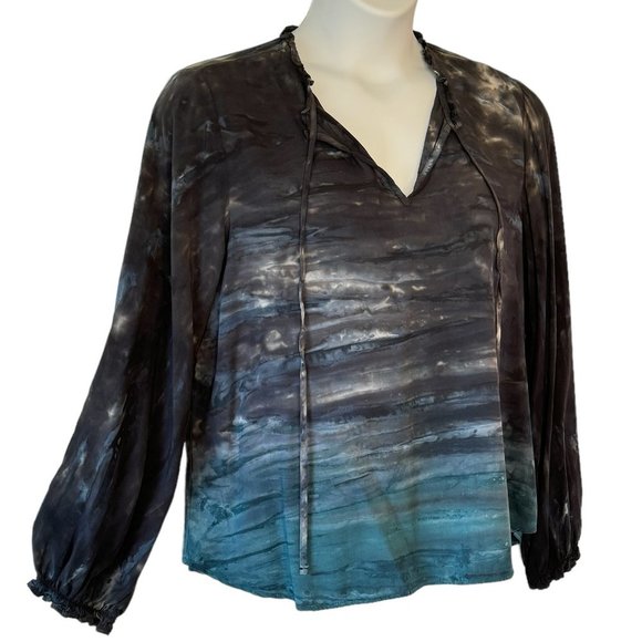 River + Sky Ombre Impressionist BOHO Top Split Neck Balloon Sleeve Blue Green  L - Picture 1 of 7